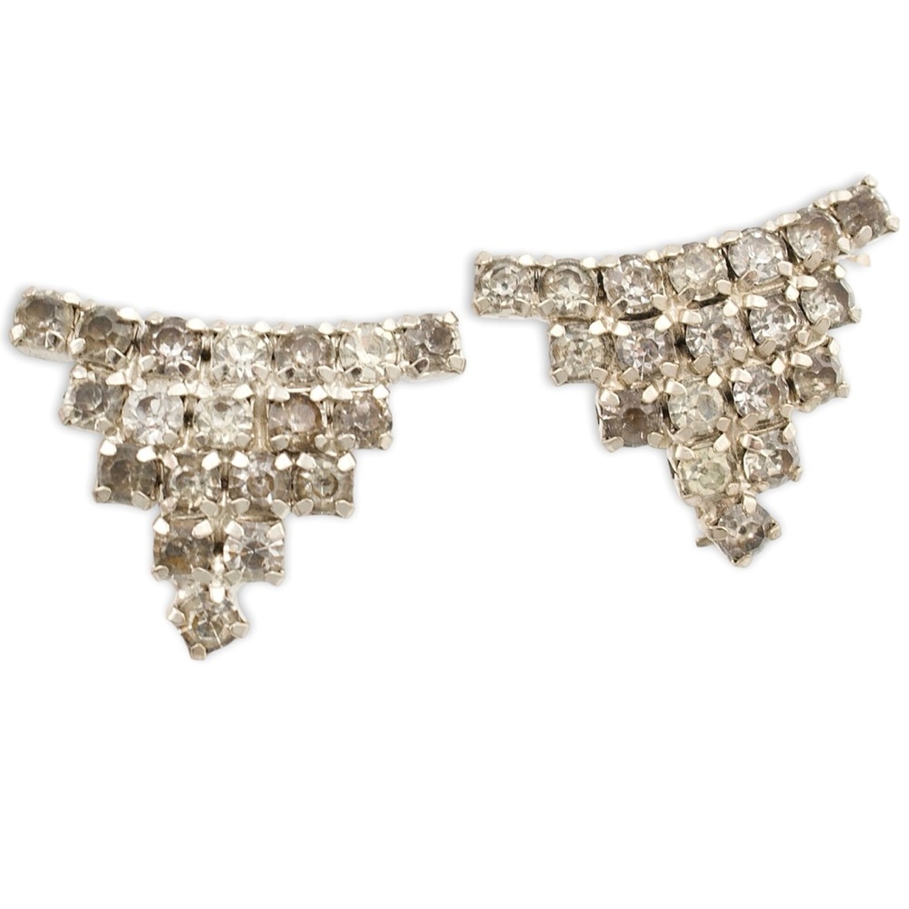 Vintage Mid-Century Rhinestone Shoe Clips Silver Tone